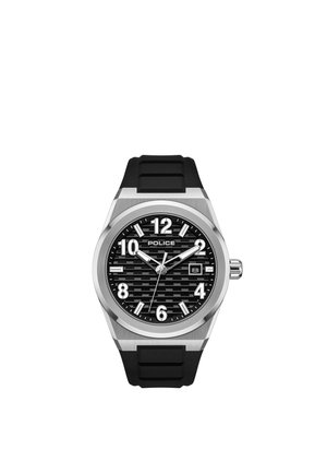 Reloj de pulsera plateado con esfera texturizada negra, números blancos, indicador de fecha a las 3 en punto y correa de caucho negra. La hora marca las 10:08:33.