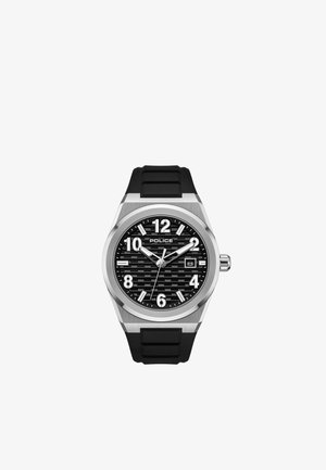 Reloj de pulsera plateado con esfera texturizada negra, números blancos, indicador de fecha a las 3 en punto y correa de caucho negra. La hora marca las 10:08:33.