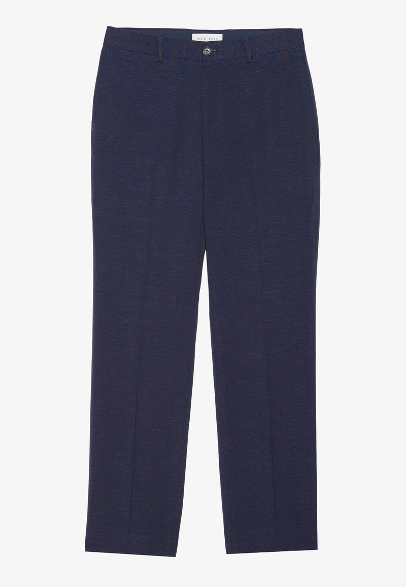 Pantalons de costume navy en tissu lisse, avec une coupe droite, une fermeture à bouton et des poches avant. Texture subtile visible.