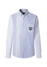 Langärmliges Button-up-Hemd in Hellblau mit weißen vertikalen Streifen. Verfügt über eine Brusttasche mit gesticktem Logo. Aus Baumwollmischgewebe.