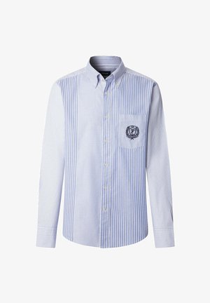 Camicia abbottonata a maniche lunghe in blu chiaro con righe verticali bianche. Presenta una tasca sul petto con logo ricamato. Tessuto misto cotone.