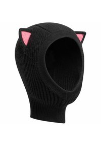 Schwarze Strick-Balaclava mit offenem Gesicht, ausgestattet mit rosa Filz-Katzenohren. Texturiertes Material, eng anliegendes Design und durchgängig gerippte Details.
