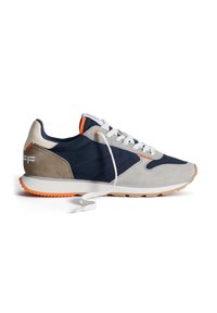 Navy and gray suede sneakers with white laces, orange accents, and a textured rubber sole. Side logo displays "EFF."