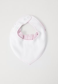 White cotton bib with pink trim, featuring a bandana shape. Soft texture with snap closures and a patterned interior lining.