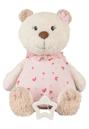 Soft beige teddy bear with pink heart-patterned dress, a pink flower on ear, and a white star-shaped teething ring attached.