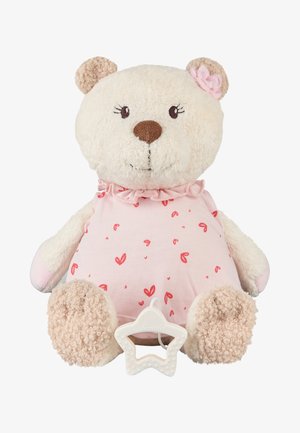 Ours en peluche beige doux avec une robe à motifs de cœurs roses, une fleur rose sur l'oreille, et un anneau de dentition blanc en forme d'étoile attaché.