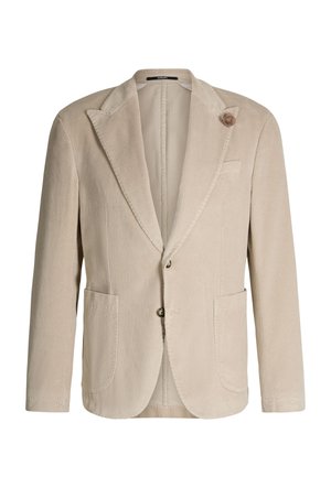 Beige corduroy blazer with notch lapels, two front patch pockets, two-button closure, and a fabric flower pin on the left lapel.