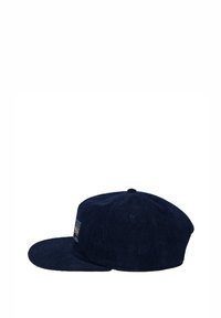 Marinblå kordfloret cap med flat skärm, som har broderade flerfärgade ränder på frontpanelen och ventilationsöglor på sidorna.