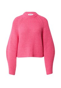 Pull en tricot rose avec un col haut, des manches raglan et un design court. Présente un motif texturé sur l'ensemble.