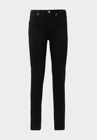 Jeans skinny neri realizzati in tessuto misto cotone. Presentano cinque tasche, una chiusura con bottone e cerniera, e dettagli di cucitura in contrasto.
