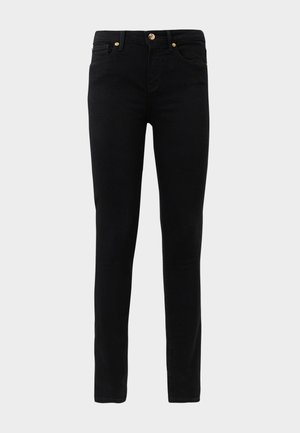 Zwarte skinny jeans van een katoenmix. Beschikt over vijf zakken, een knoop- en ritssluiting, en contrasterende stiksels.