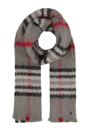 Harmaa ruudullinen huivi pehmeästä kankaasta. Sisältää mustia, valkoisia ja punaisia raitoja. Reunat on fringoitu. Pyöristetty silmukkamuoto helppoa käyttöä varten.