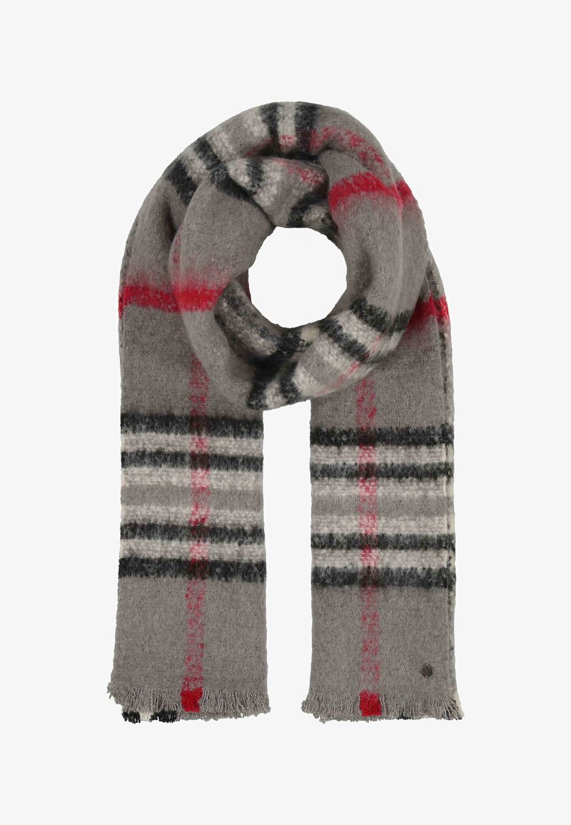 Sciarpa a quadri grigia realizzata in tessuto morbido. Presenta strisce nere, bianche e rosse. I bordi sono frangiati. Design a loop arrotondato per una facile vestibilità.