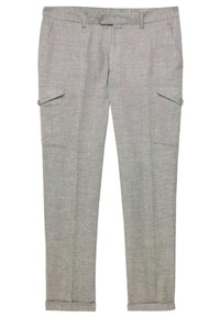 Lichtgrijze linnen broek met knoopsluiting cargozakken aan elke kant, riemlussen en een voorknop en ritssluiting.