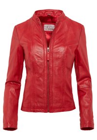 Rote Lederjacke mit tailliertem Design, hohem Kragen und Reißverschluss. Sie verfügt über vertikale Nähte und eine glatte Textur an den Ärmeln.