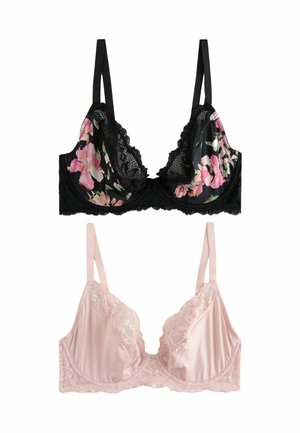 Dos sujetadores: el de arriba tiene un diseño de encaje negro y estampado floral, mientras que el de abajo es de satén rosa liso con detalles de encaje. Ambos cuentan con tirantes ajustables.