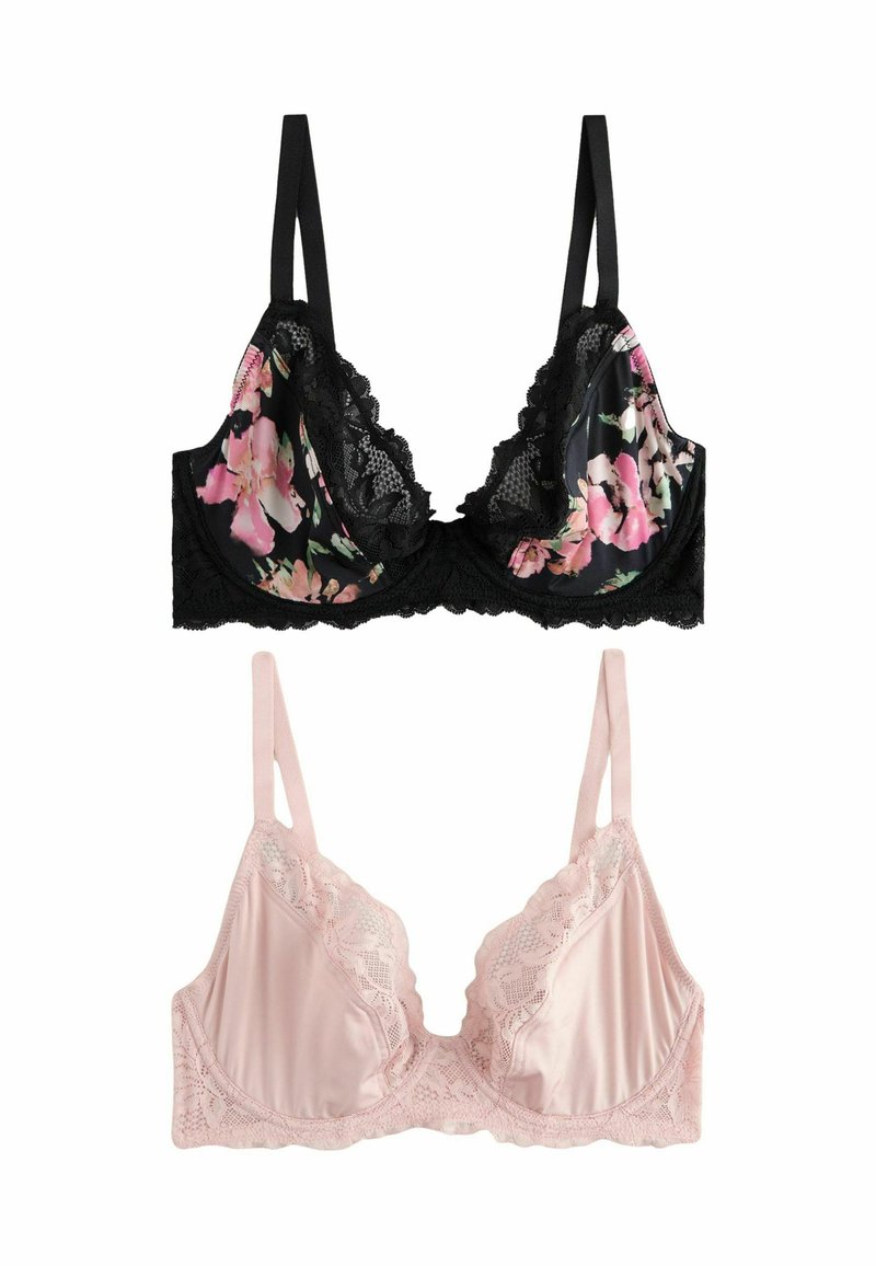 Deux soutiens-gorge : le premier présente un design en dentelle noire avec un motif floral, tandis que le second est en satin rose lisse avec des accents en dentelle. Les deux ont des bretelles réglables.