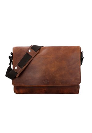 Brown leather messenger bag with a flap, adjustable webbing strap, silver hardware accents, and a textured surface for a vintage appearance.