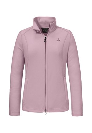 Hellviolette Fleecepullover mit durchgehendem Reißverschluss, hohem Kragen, seitlichen Taschen und dezentem Logo auf der linken Brust, präsentiert vor weißem Hintergrund.