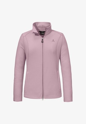 Hellviolette Fleecepullover mit durchgehendem Reißverschluss, hohem Kragen, seitlichen Taschen und dezentem Logo auf der linken Brust, präsentiert vor weißem Hintergrund.