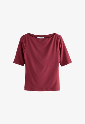 Burgundy lyhythihainen paita, jossa on leveä pääntie. Valmistettu sileästä kankaasta, jossa on rento istuvuus ja minimalistinen muotoilu. Ei kuvioita tai yksityiskohtia.