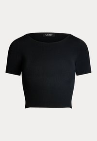 Černý žebrovaný top s krátkým rukávem a širokým výstřihem. Má přiléhavý střih a texturovanou látku. Na štítku je napsáno "Lauren."