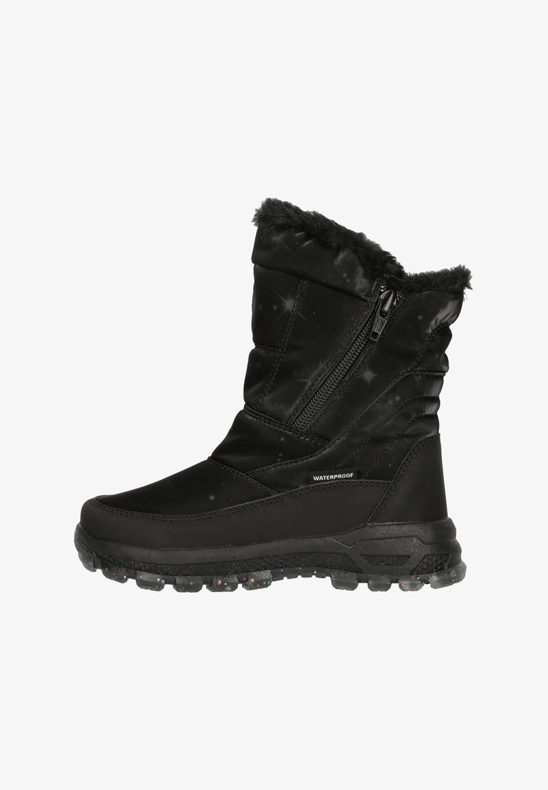 Zwarte waterdichte enkelboots met een ritsluiting, een pluche bontafwerking aan de bovenkant, een gestructureerde matte afwerking en een robuuste rubberen zool met meerkleurige spikkels.