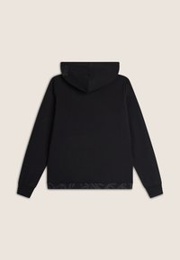 Felpa nera con un motivo testurizzato di colore nero sull'orlo inferiore, tasca a marsupio e cappuccio con coulisse regolabile. Tessuto morbido.