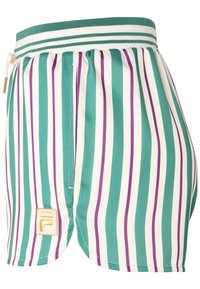 Pantaloni corti a righe in verde acqua, bianco e viola. Presentano una vita elastica, chiusura con cordino, tasche laterali e un accento con logo dorato.
