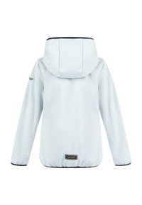 Giacca a vento blu chiaro con cappuccio, maniche lunghe, texture liscia e polsini elasticizzati. Presenta un piccolo logo sul braccio sinistro e un'etichetta del marchio all'orlo.