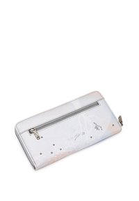 Light gray wallet made of synthetic material, featuring a zipper, embossed floral patterns, and decorative studs. Flat, rectangular design.