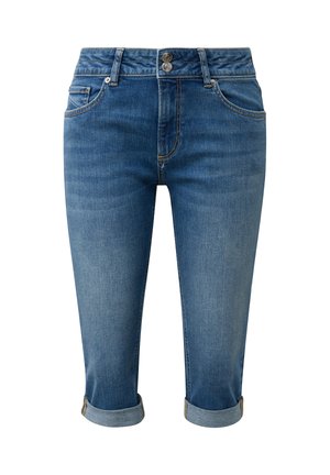 Mittelblaue Jeans-Shorts mit hochgekrempelten Säumen, Vordertaschen, Gürtelschlaufen und Doppelknopfverschluss.