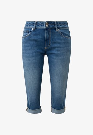 Short en jean bleu moyen avec revers, poches avant, passants pour ceinture et fermeture double bouton.