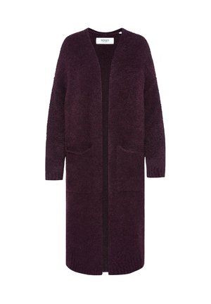 Langer, offen-frontiger Cardigan in tiefem Lila, aus weichem, strukturiertem Stoff mit zwei vorderen Taschen sowie Rippbündchen und Saum.