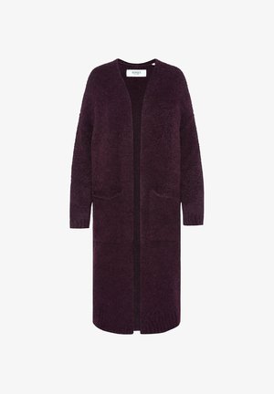 Langer, offen-frontiger Cardigan in tiefem Lila, aus weichem, strukturiertem Stoff mit zwei vorderen Taschen sowie Rippbündchen und Saum.