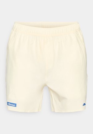 Light yellow men's elastic waistband shorts with blue ellesse logo on left leg and small blue emblem on right leg.