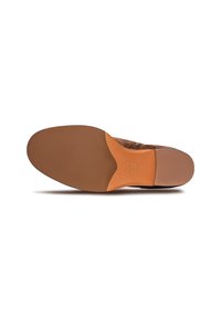 Suola di scarpa in pelle marrone con una forma liscia e arrotondata. La parte inferiore presenta una sezione in gomma arancione a contrasto e dettagli del logo impresso.