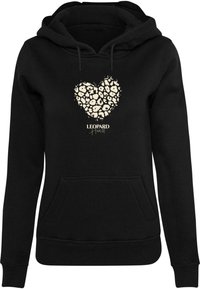 Black hoodie with a front pocket, featuring a cream heart made of leopard print accents and the text "LEOPARD Heart" beneath it.