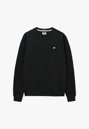 Czarna bluza z crewneckiem, długimi rękawami, ściągaczami na mankietach i dole oraz małą prostokątną naszywką z logo na lewej piersi.