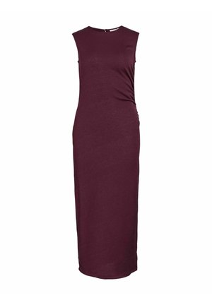 Burgundowa, bezrękawnikowa sukienka maxi z okrągłym dekoltem, bocznymi marszczeniami i ukrytym zapięciem z tyłu. Miękki, gładki materiał.