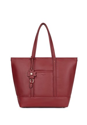 Rode leren draagtas met dubbele handgrepen, voorvak en een bijgevoegd bloemvormig sieraad met ringdetail.