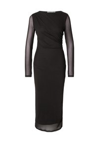 Schwarzes Kleid mit langen transparenten Ärmeln, Rundhalsausschnitt und drapierter Vorderseite. Glatte Textur; knielange Länge mit figurbetontem Schnitt.