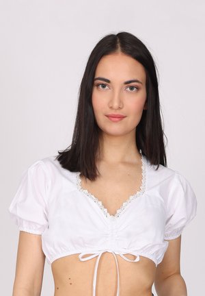 Weißes, kurzes Blusenshirt mit Puffärmeln, V-Ausschnitt, elastischem Taillenbund und Spitzenbesatz entlang des Ausschnitts; verfügt über ein vorderes Bindeband.