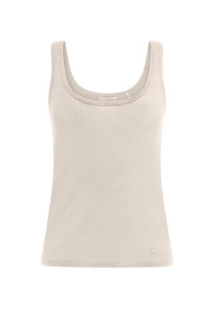 Light beige tank top with a rounded neckline, wide straps, and a soft, textured surface. Features a small logo at the bottom right corner.