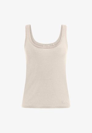 Gaiši bejdzīgs topiņš ar apaļu dekoltē, platu piedurkņu sloksnēm un mīkstu, teksturētu virsmu. Apakšējā labajā stūrī ir neliels logo.