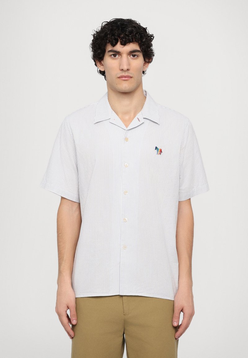 Short-sleeve button-up shirt in light blue and white stripes. Features a small embroidered design on the left chest and a collar.