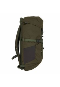 Olive green backpack with a roll-top design, side compression straps, textured fabric, and a dark panel accenting one side.