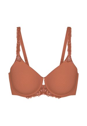 Podprsenka rezavé barvy s polstrováním a krajkovými detaily na ramínkách a kosticí, s nastavitelnými ramínky a malým ozdobným přívěskem uprostřed vpředu.