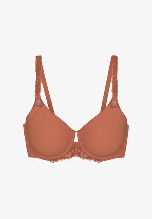 Podprsenka rezavé barvy s polstrováním a krajkovými detaily na ramínkách a kosticí, s nastavitelnými ramínky a malým ozdobným přívěskem uprostřed vpředu.