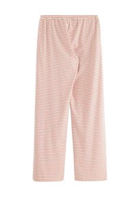 Lyserøde pyjamasbukser med tynde røde vandrette striber, elastisk talje, bredere lige ben-design, blødt bomuldsstof.